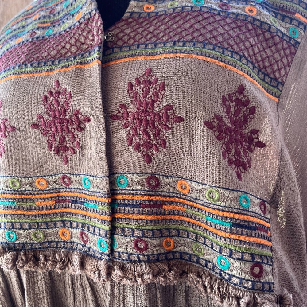 Indigo Soul Soft Crinkle Crepe Long Sleeve Embroidered Design Southwestern Dress - Picture 4 of 8